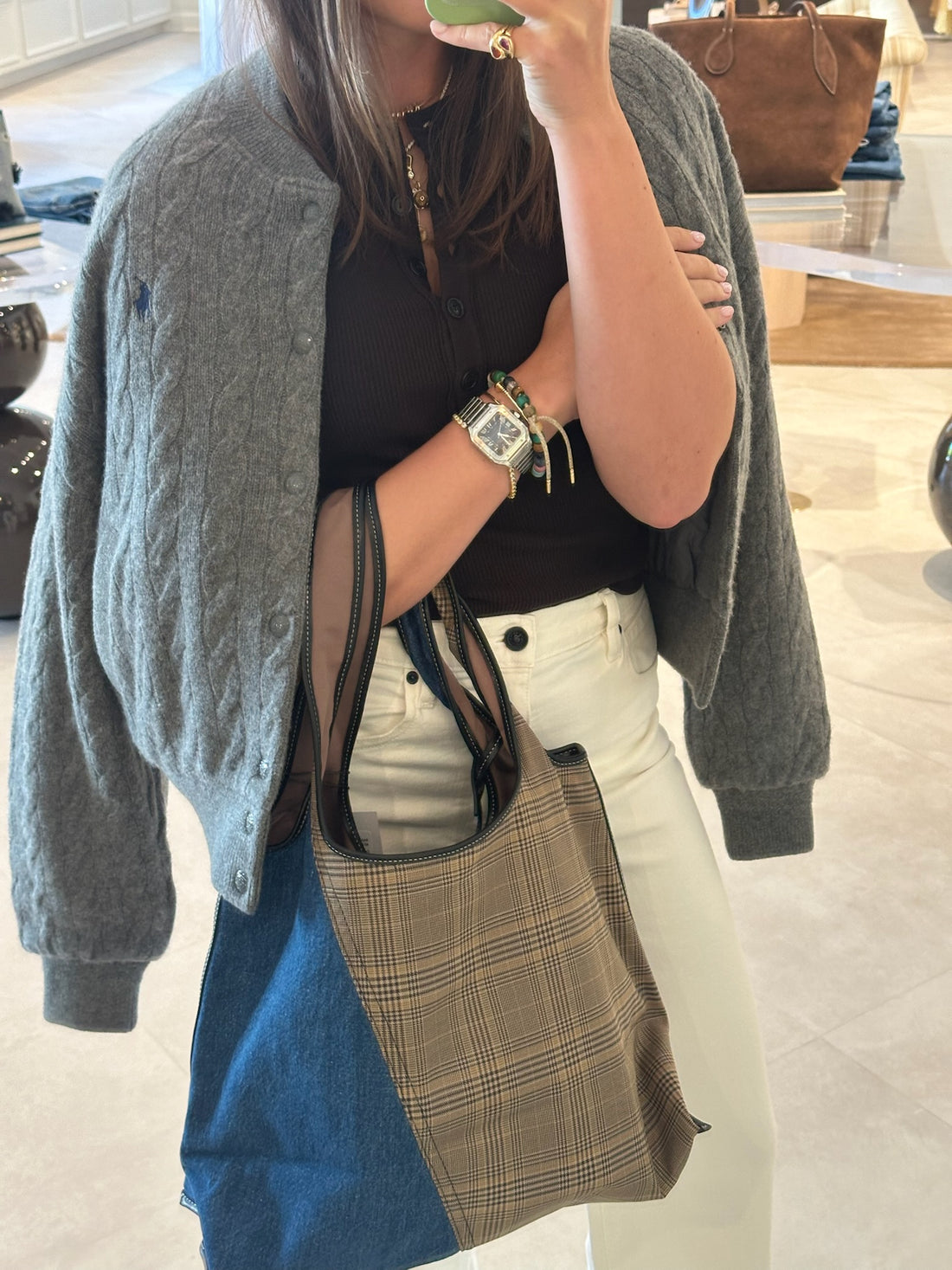 Denim Market Tote with Plaid Combo