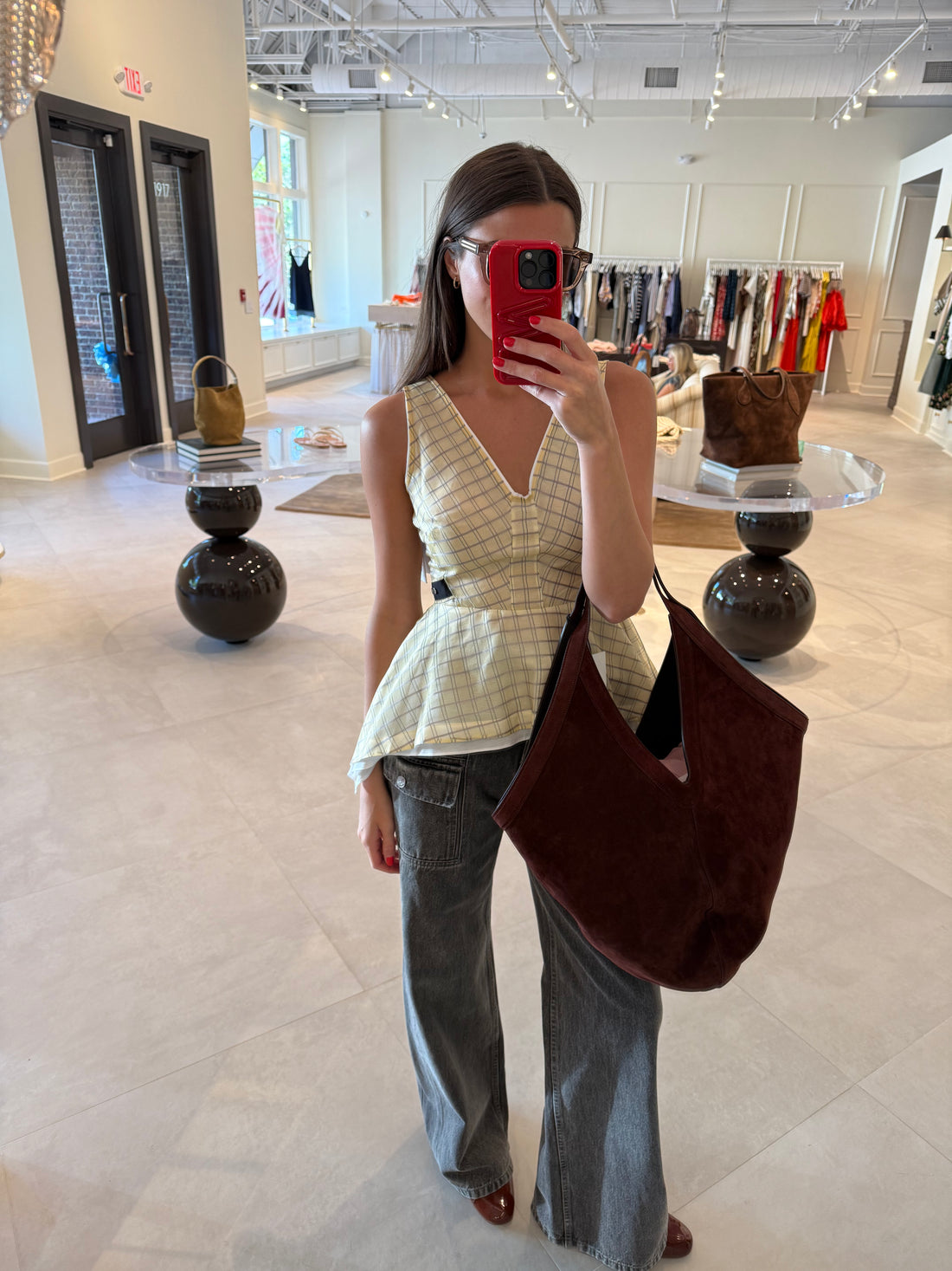 Plaid Organza V-Neck Top