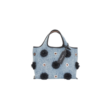 Denim Mini Market Tote with Leather Flowers
