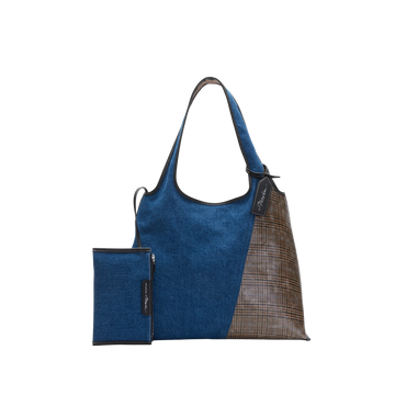 Denim Market Tote with Plaid Combo