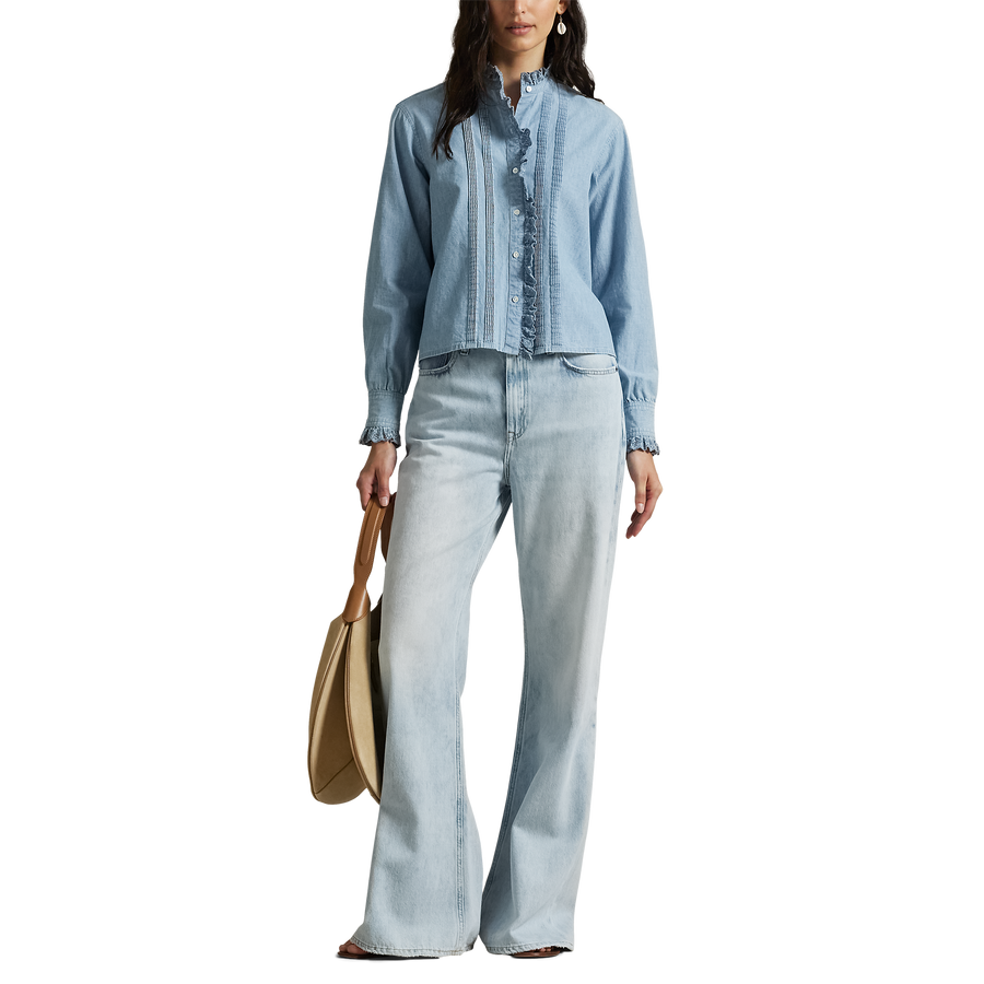 Ruffle Trim Chambray Top